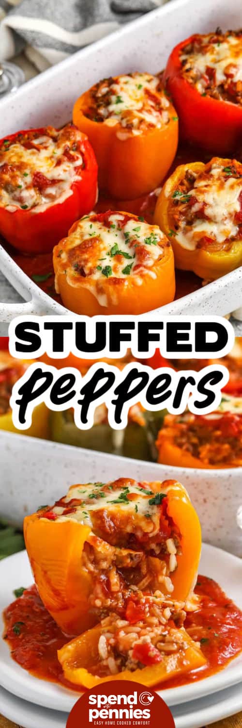 Stuffed peppers are a versatile and delicious dish that’s perfect for any night of the week. This recipe features bell peppers filled with a savory mixture of ground beef, Italian sausage, and rice, all cooked in a flavorful tomato sauce. Topped with melted cheese and baked to perfection, these peppers are a family favorite that’s sure to impress. Easy to make and packed with flavor, this dish is a must-try for anyone who loves a good home-cooked meal. #spendwithpennies Stuffed Peppers in a dish and plated with a title