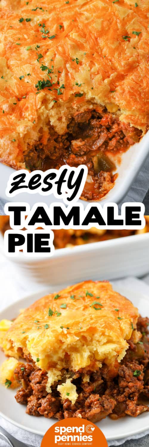 Tamale pie transforms a simple skillet of seasoned meat and vegetables into a baked masterpiece. Topped with cornbread batter and baked until golden, it’s both hearty and flavorful. This dish is easy to customize with your favorite beans, veggies, or cheese. Serve hot for a filling dinner that feels like a hug in every bite. #spendwithpennies Tamale Pie in the dish and on a plate with a title