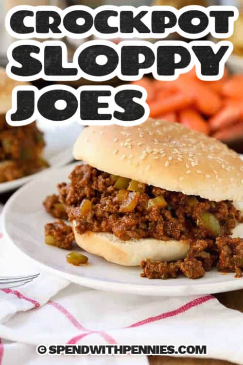 Crock Pot Sloppy Joes on plates with writing