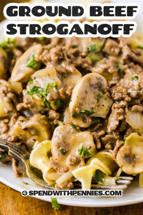 Ground beef stroganoff is packed with savory flavors from browned beef, sautéed mushrooms, and a creamy, flavorful sauce. The combination of beef broth, Worcestershire sauce, and sour cream makes this dish both rich and comforting. Served over tender egg noodles, it’s a weeknight dinner the whole family will enjoy. #spendwithpennies close up of plated Ground Beef Stroganoff with a title