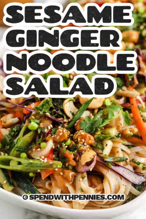 dish of Sesame Ginger Chicken Noodle with ginger sauce and a title