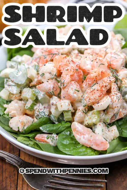 This shrimp salad recipe is light, creamy, and full of fresh flavors in every bite. With tender shrimp, crisp celery, chopped eggs, and a touch of dill, it’s simple but so satisfying. A bit of Old Bay and whole grain mustard give it that extra flavor boost. Serve it on croissants, lettuce leaves, or crackers for a refreshing meal that feels special but couldn’t be easier to toss together. #spendwithpennies Shrimp Salad on lettuce with a title