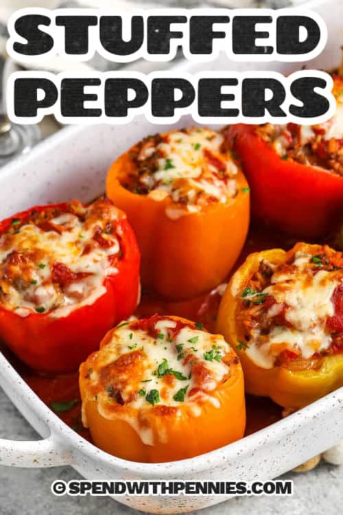 Stuffed peppers are a classic dish that’s perfect for any meal. This recipe combines bell peppers with a flavorful filling of lean ground beef, Italian sausage, onions, and garlic, simmered in a rich tomato sauce with a touch of Worcestershire. Baked until tender and topped with melted cheese, these stuffed peppers are a hearty and satisfying dish that’s easy to prepare and sure to please everyone at the table. Try it tonight and enjoy a delicious home-cooked meal! #spendwithpennies Stuffed Peppers with melty cheese and a title