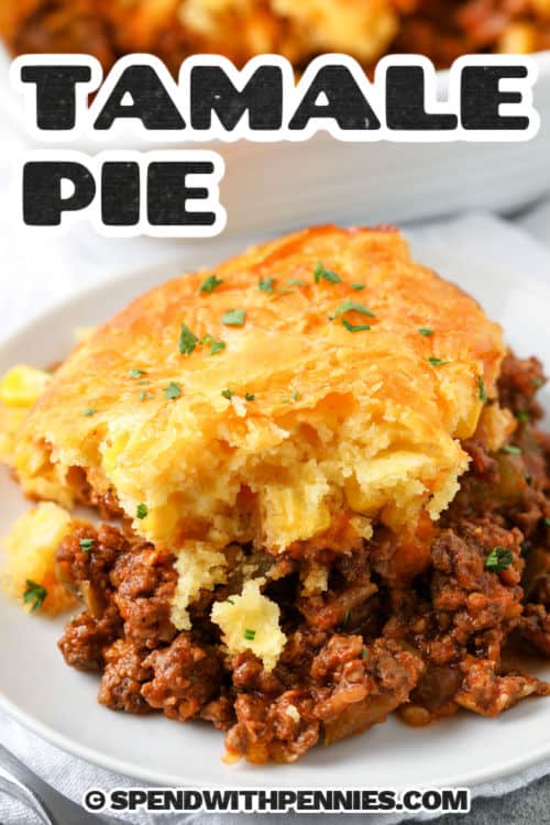 Tamale pie is a hearty, comforting casserole layered with seasoned meat, veggies, and a golden cornbread topping. The savory filling is rich with Tex-Mex flavors, while the topping bakes up fluffy with a slight crunch. Perfect for make-ahead meals, it reheats beautifully for busy weeknights. A family favorite that’s easy to prepare and even easier to love. #spendwithpennies plated slice of Tamale Pie with a title