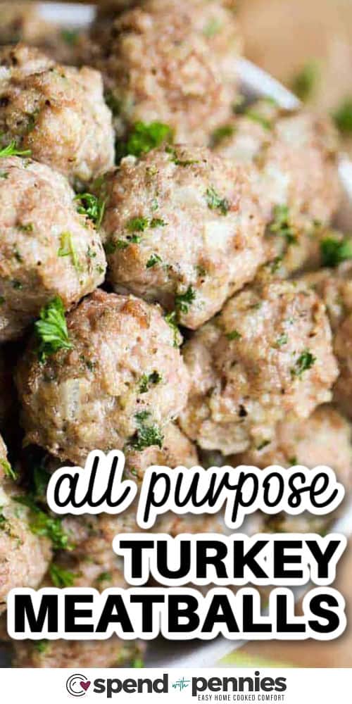 close up of All Purpose Turkey Meatballs with a title