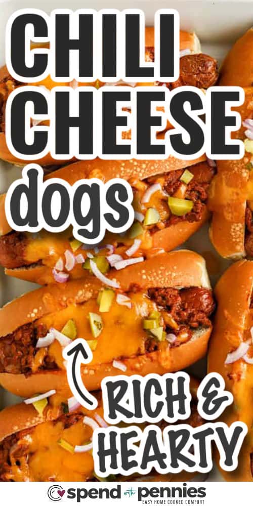 Chili cheese dogs are always a favorite when you need a hot recipe that feeds a crowd. These baked beauties are stuffed with juicy dogs, rich chili, and layers of cheddar. They're cozy, hearty, and loaded with flavor in every bite. For an easy twist, layer everything into a baking dish and make a chili cheese dog casserole. It’s the best way to turn leftovers into something crave-worthy. #spendwithpennies rich and hearty Chili Cheese Dogs with writing