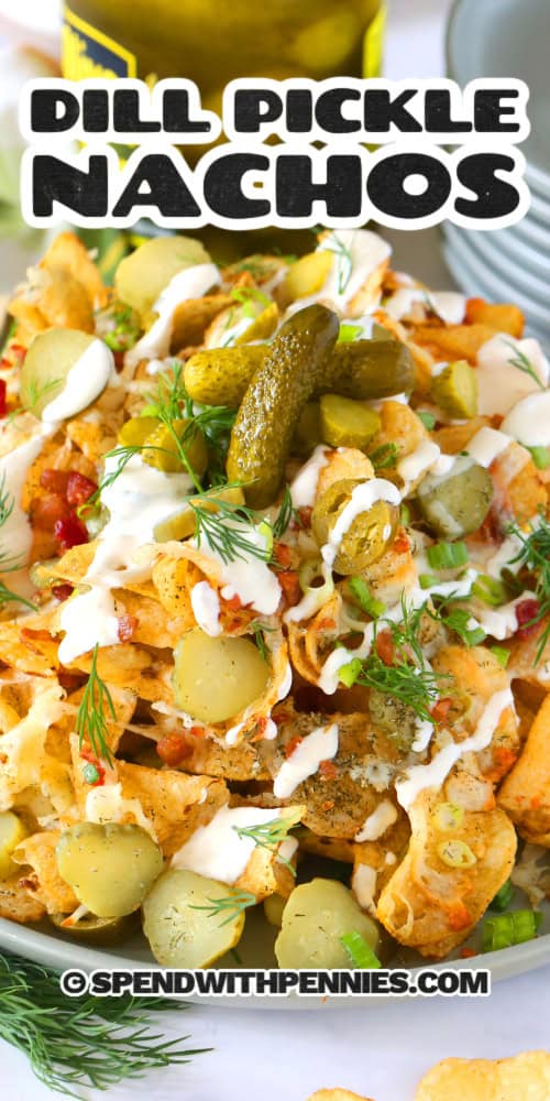 Dill pickle nachos on a serving plate with text