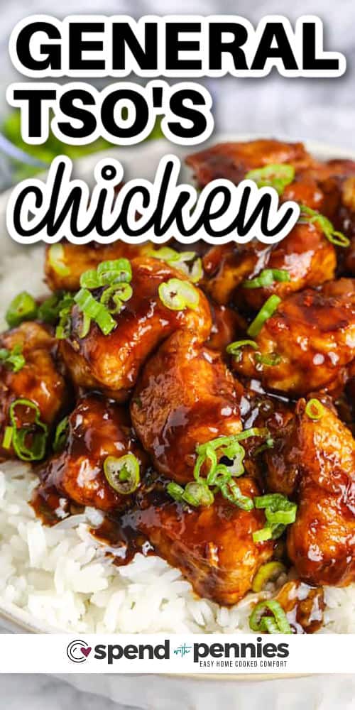 General Tso’s chicken is a must-try if you love a spicy, savory Chinese recipe that’s easy to make at home. The chicken gets a light batter and is fried until golden, then tossed in a flavorful sauce made with ginger, soy, garlic, red pepper flakes, and hoisin. Enjoy it over rice or skip carbs and try it carbs with shredded cooked cabbage for a lighter option. This dish is one of the best for flavor, texture, and a little kick. #spendwithpennies close up of General Tso's Chicken with a title