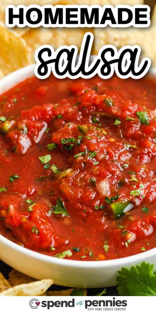 Homemade salsa is fast, flavorful, and perfect for snacking or entertaining. This recipe uses canned tomatoes with fresh cilantro, jalapeño, and lime for a bold taste in every bite. A dash of cumin and salt brings out the natural flavors, and blending it all takes just seconds. It’s the easiest way to upgrade chips, tacos, or even scrambled eggs. #spendwithpennies close up of Homemade Salsa with a title