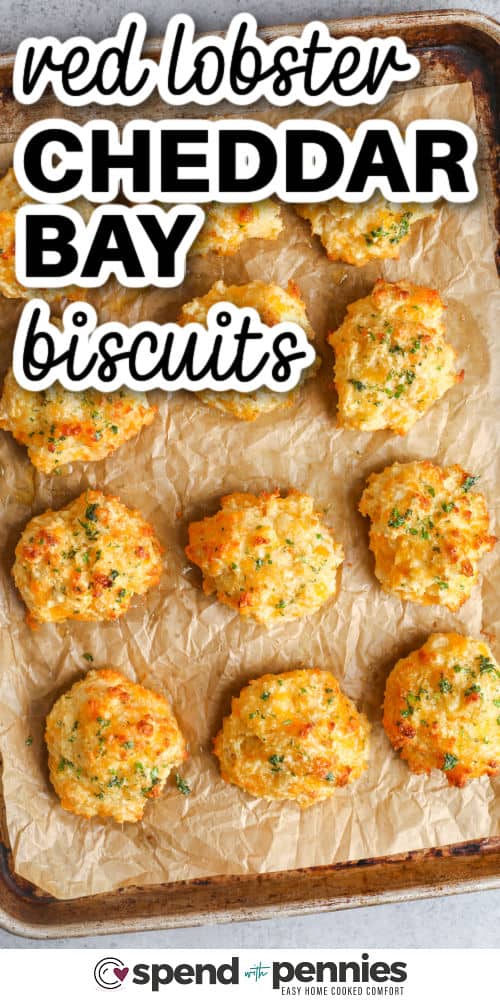Red Lobster Cheddar Bay on a sheet pan with writing