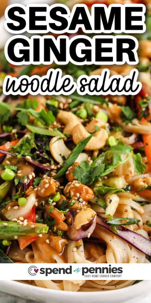 dish of Sesame Ginger Chicken Noodle with a title