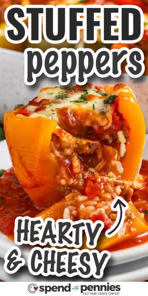 Stuffed peppers are the perfect way to enjoy a delicious and nutritious meal. This recipe features bell peppers stuffed with a flavorful mix of ground beef, Italian sausage, and rice, all simmered in a rich tomato sauce. Baked to perfection and topped with melted cheese, these peppers are a hit at any dinner table. They’re easy to make and packed with flavor, making them a great choice for a family meal or a dinner party. #spendwithpennies hearty and cheesy Stuffed Peppers with writing