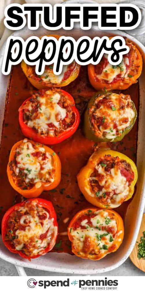 Stuffed peppers are a comforting and satisfying dish that’s easy to prepare and full of flavor. This recipe combines the classic flavors of ground beef, Italian sausage, onions, and garlic with a rich tomato sauce and a hint of Worcestershire. Baked until tender and topped with cheese, these peppers are a delicious and hearty meal that’s perfect for any occasion. Serve them with a side of salad or bread for a complete and satisfying dinner. #spendwithpennies Stuffed Peppers in a casserole dish