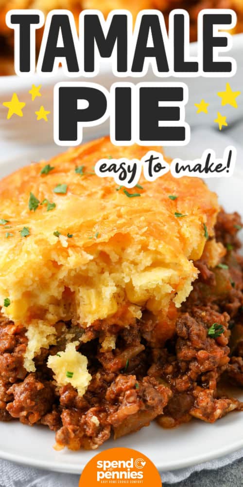 Tamale pie is the ultimate cozy dinner with layers of hearty filling and tender cornbread topping. The seasoned meat and veggie mixture is packed with flavor, while the topping adds a soft, slightly sweet contrast. Perfect for serving straight from the oven, it’s a crowd-pleaser every time. Great for make-ahead meals and casual gatherings. #spendwithpennies close up of a slice of Tamale Pie on a plate with a title