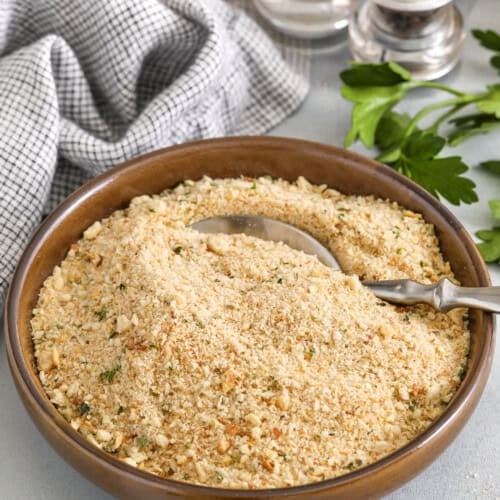 wooden bowl full of Seasoned Bread Crumbs