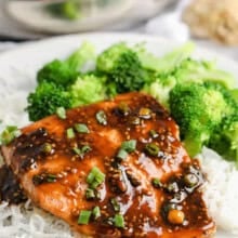 plated Teriyaki Salmon on rice with broccoli