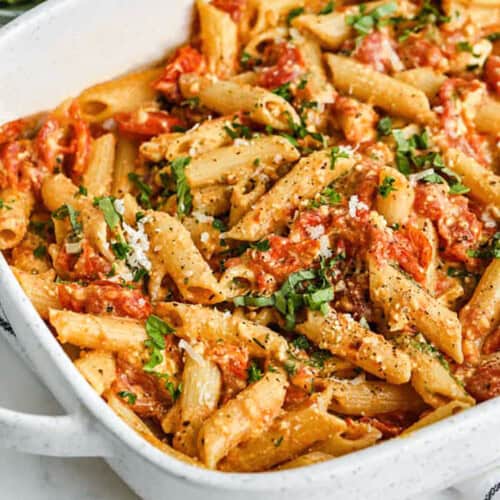 Baked Feta Pasta in the casserole dish