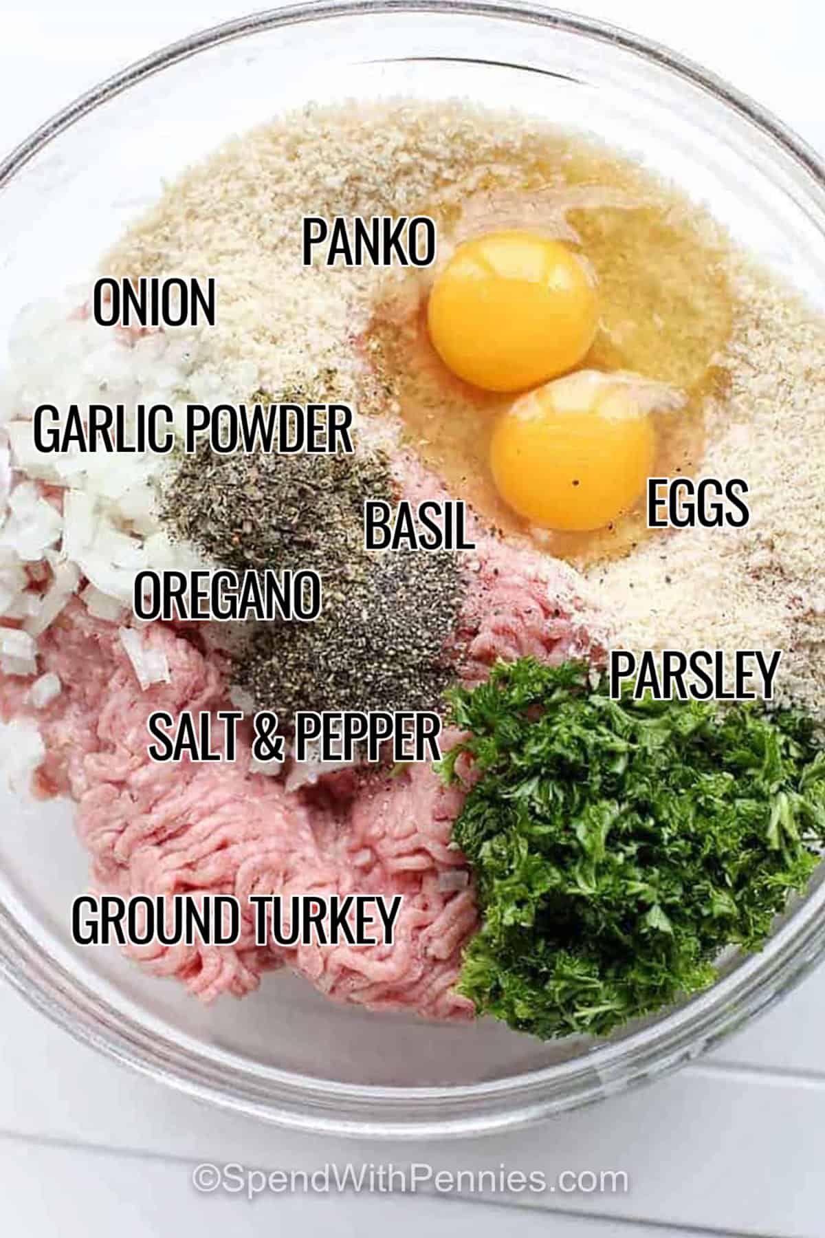 Ingredients to make all-purpose turkey meatballs including ground turkey, panko, onion, eggs, parsley, garlic powder, basil, oregano, salt, and pepper