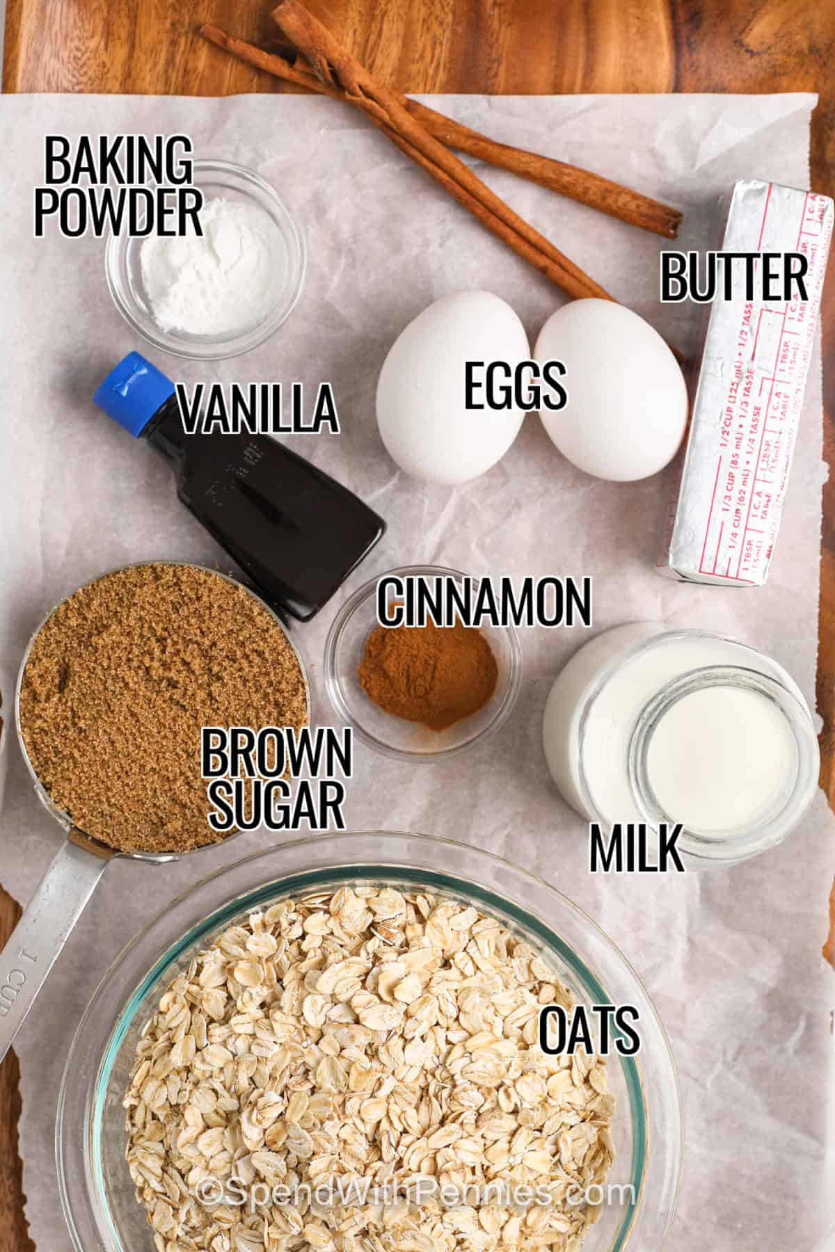 Ingredients for brown sugar baked oatmeal including baking powder, eggs, butter, cinnamon, vanilla, milk, brown sugar, and oats