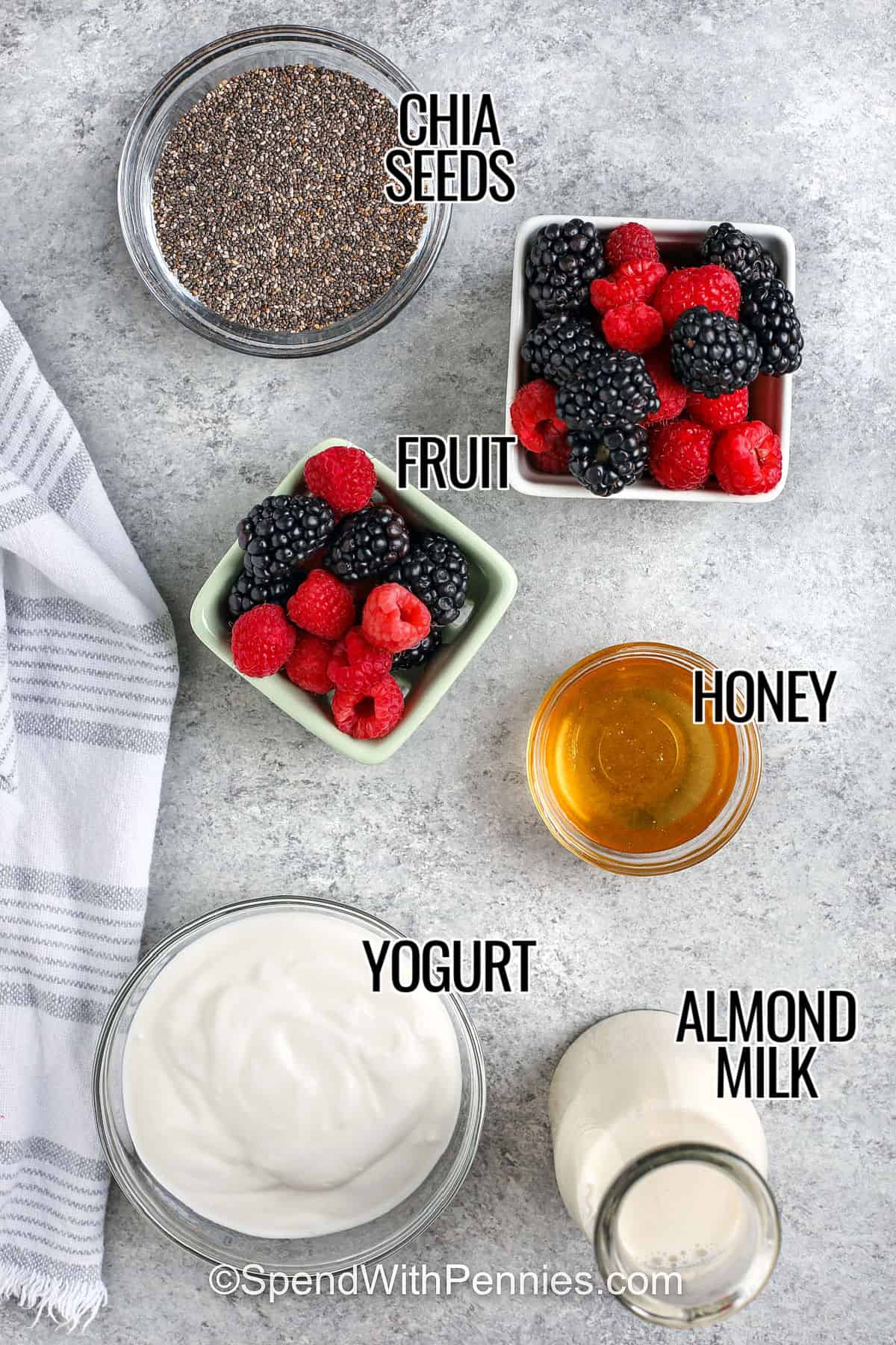 chia seeds , fruit , honey , yogurt , almond milk with labels to make Chia Seed Pudding