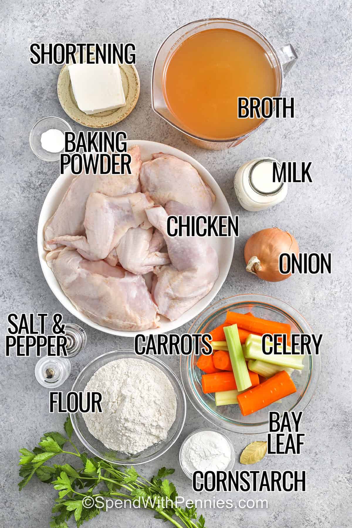 Chicken and dumplings are the kind of meal that makes everyone feel at home. The recipe is made from tender chicken, soft dumplings and a delicious broth that gathers in a pot. It is the best homemade comfort food and is very easy to cook. Every time you go in the bowl, you will enjoy a dish that is both comfortable and hearty, which is the ideal way to bring family and friends together. #spendwithpennies Shorten, baking powder, chicken, flour, carrot, celery, bay leaves, cornstarch, onion, milk, broth with labels, make old-fashioned chicken and dumplings