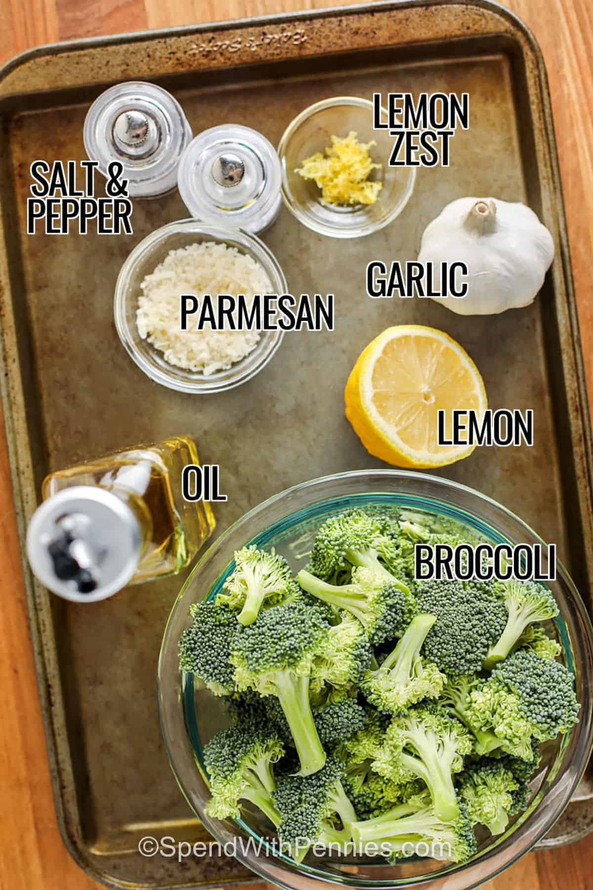 lemon , lemon zest , garlic , parmesan , broccoli , salt and pepper with labels to make Parmesan Broccoli