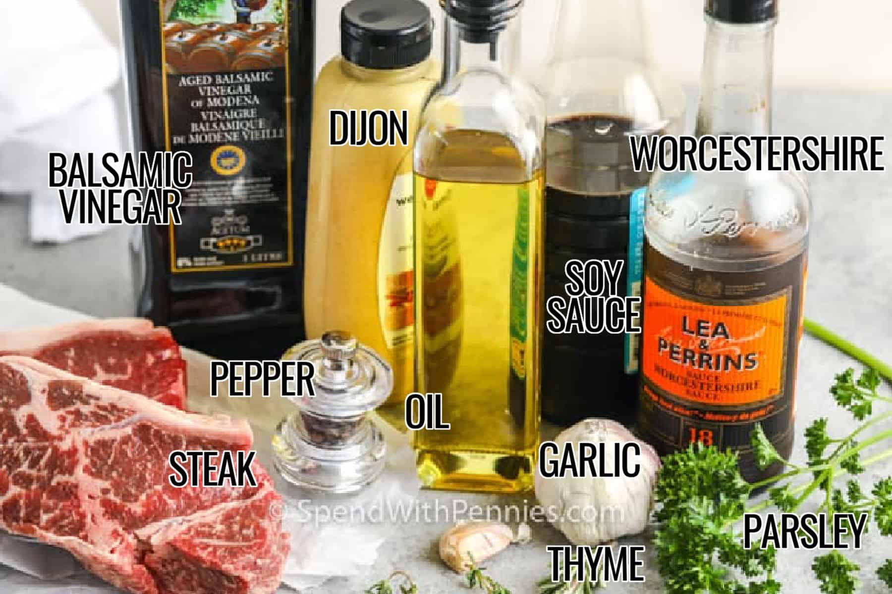 balsamic vinegar , steak , pepper , oil , dijon , oil , soy sauce , worcestershire sauce , garlic , thyme and parlsey with labels to make Steak Marinade