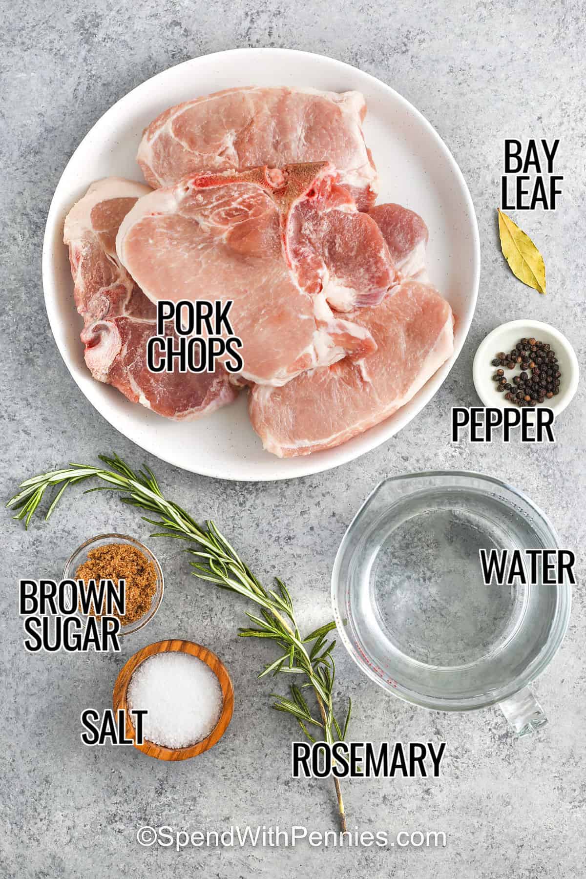 With this pork chop brine, you’ll never have dry pork chops again. The brine uses simple ingredients like salt, sugar, and rosemary to flavor and tenderize the meat. It works so well that each bite is juicy, seasoned, and delicious. After brining, cook your chops however you like and serve with a side of vegetables, pasta, or potatoes. It’s an easy kitchen trick you’ll want to keep in your back pocket. #spendwithpennies pork chops , bay leaf , pepper , salt , brown sugar , rosemary and water with labels to make Pork Chop Brine