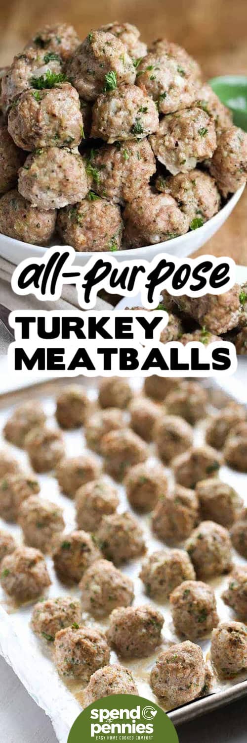 All Purpose Turkey Meatballs on a sheet pan and plated with a title