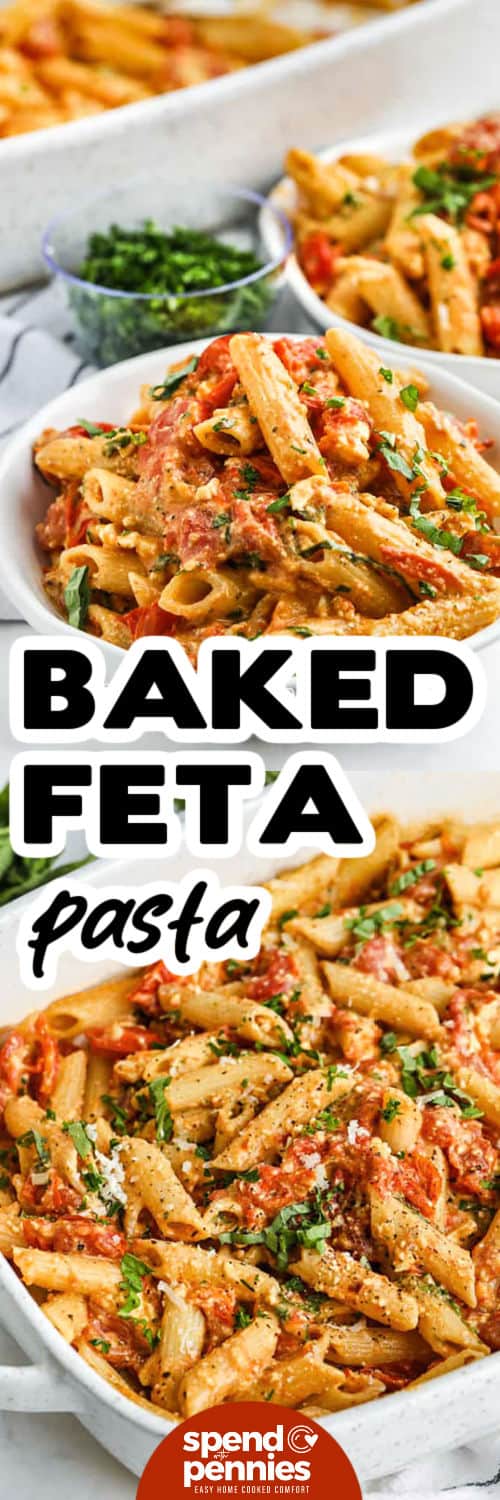 Baked feta pasta is one of those recipes that’s as fun to make as it is to eat. Cherry tomatoes are roasted with garlic until sweet and tender, then baked with a block of cheese until it’s soft and creamy. Tossed with pasta, it turns into a rich tomato sauce with just one pan. This vegetarian pasta dish is baked to perfection and full of fresh flavor. It’s a recipe that deserves a spot in every kitchen. #spendwithpennies Baked Feta Pasta in the dish and plated with a title