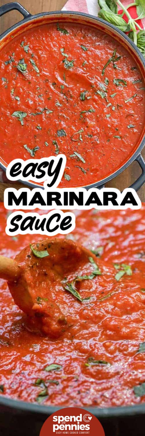 Easy marinara sauce offers fresh, vibrant flavor in every spoonful, made with onions, garlic, carrots, and tomatoes. A gentle simmer brings out natural sweetness, while oregano and basil add savory, aromatic depth. Perfect for pasta, pizza, or dipping, it’s a versatile sauce you’ll want to keep on hand for quick, delicious meals any time. #spendwithpennies Easy Marinara Sauce in the pot and close up photo with a title