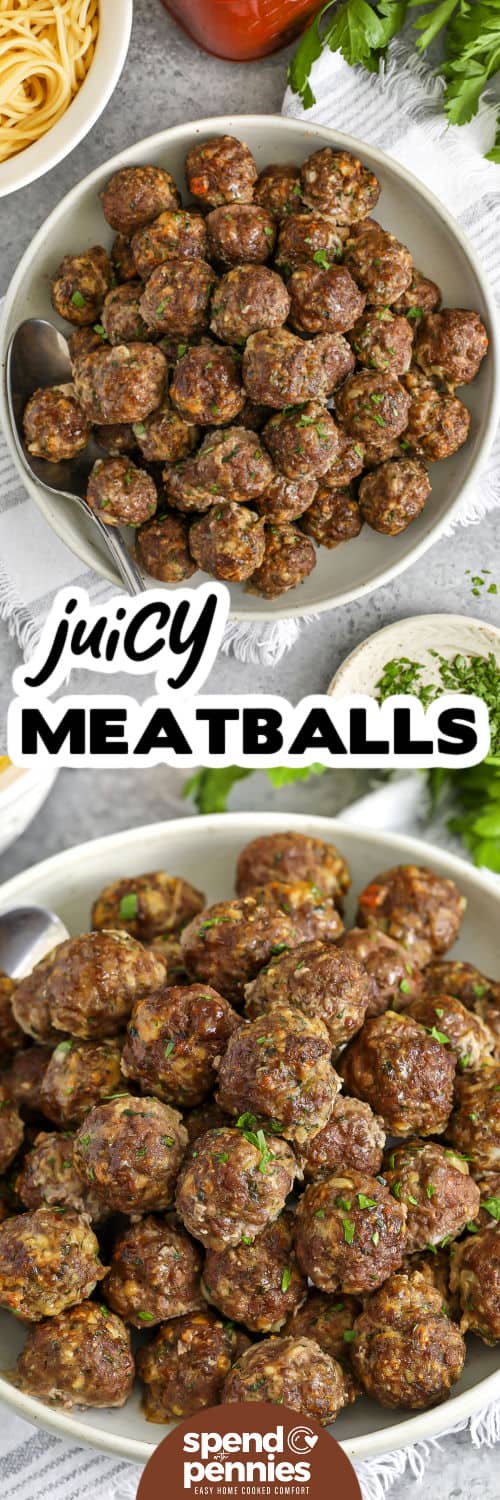 Easy Meatball Recipe on a plate and close up photo with a title