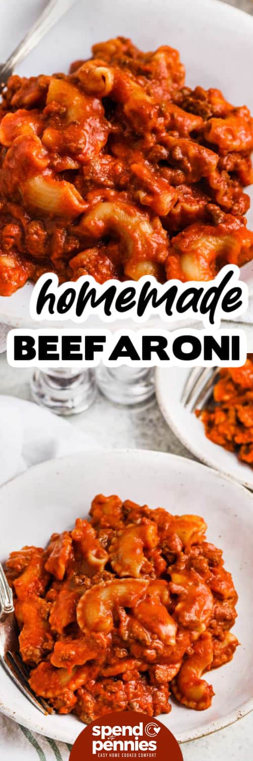 This homemade beefaroni recipe is a simple, hearty stovetop dinner the whole family will love. Made from scratch with pasta, ground beef, and a rich tomato sauce, it’s finished with cheese for that perfect comfort food touch. Everything simmers together in one pot, making cleanup easy and the flavors rich and satisfying. #spendwithpennies Homemade Beefaroni in a bowl and close up photo with a title