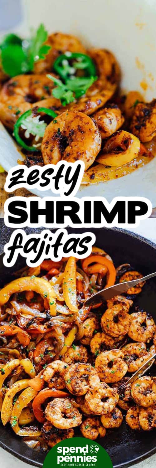 A shrimp fajita recipe brings the best of bold flavors to your table. Juicy shrimp are tossed with homemade seasoning and cooked alongside peppers and onions in a hot skillet. This recipe is so easy to make and perfect for pairing with tortillas and toppings you love. From creamy avocado to a sprinkle of cheese, every bowl or plate is colorful and full of flavor. Great for a cozy night in or a casual get-together. #spendwithpennies zesty Shrimp Fajitas and filling in a pan with writing