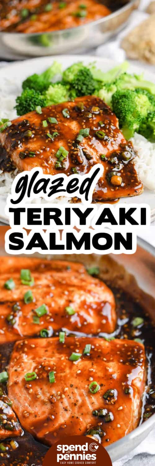 Glazed teriyaki salmon sprinkled in pot and rice with title