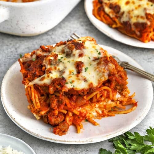 baked cheesy plated Million Dollar Spaghetti