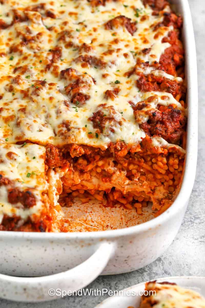 Million Dollar Spaghetti in the dish with a slice taken out