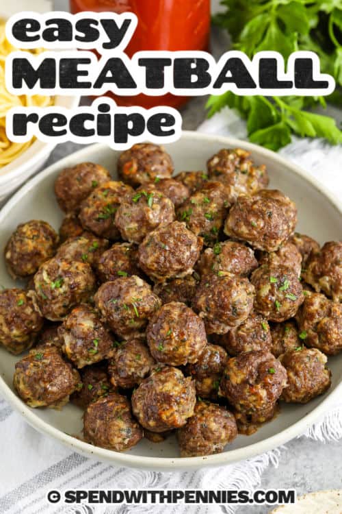 Easy Meatball Recipe on a plate with a title