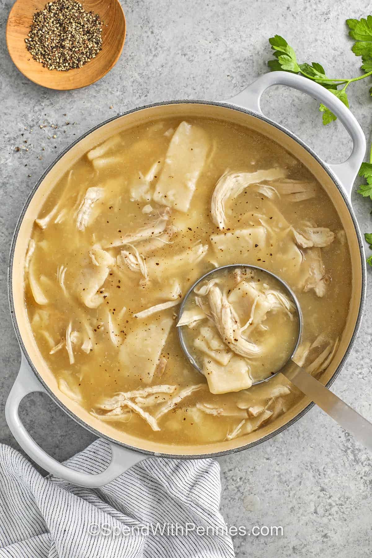top view of Old Fashioned Chicken and Dumplings in a pot