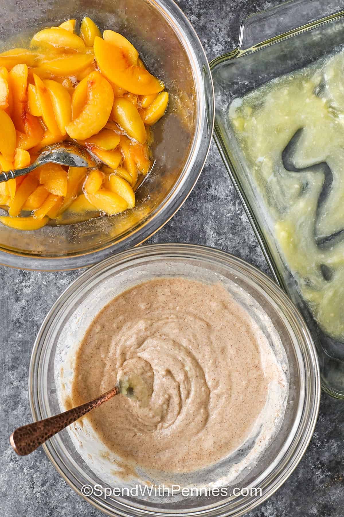 mixing ingredients together in bowls to make Peach Cobbler