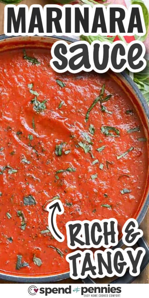 Easy marinara sauce combines fresh aromatics and tomatoes for a classic, homemade flavor. Onion, carrot, and garlic sauté in olive oil before simmering with whole and crushed tomatoes, oregano, and basil for the perfect finish. Simple to prepare and bursting with flavor, it’s ideal for pasta night or adding depth to your favorite Italian-inspired dishes. #spendwithpennies rich and tangy Easy Marinara Sauce with writing