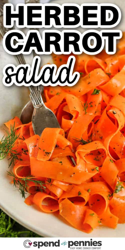 Carrot salad is fresh, tangy, and full of flavor, with delicate ribbons of carrots tossed in a lemon-honey Dijon dressing. Parsley and dill bring the perfect herb note to every bite, keeping it bright and zesty. Served cold, this salad is light and refreshing, the kind of simple recipe that goes with almost anything. It’s easy to make and tastes even better with a little time to soak in the flavors. #spendwithpennies buttery Herbed Carrot Salad with writing