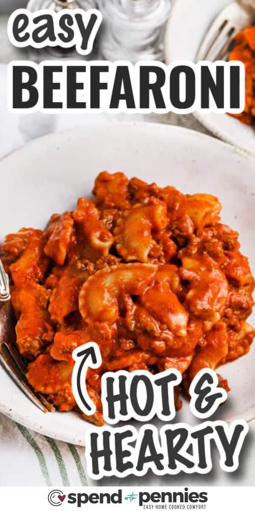 Homemade beefaroni is one of the best comfort meals you can make from scratch. It’s a family favorite with tender pasta, savory beef, creamy tomato sauce, and a cheesy topping. Everything cooks together in one pot, making it a simple stovetop dinner that’s both hearty and delicious. It’s perfect for busy nights or anytime you’re craving old fashioned flavor. #spendwithpennies easy Homemade Beefaroni in a bowl with writing