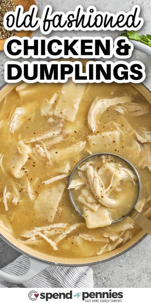 Chicken and dumplings are one of those recipes that feel like a hug in a bowl. This cozy pot is made of tender chicken, cozy homemade soup and soft dumplings, which are both rich and easy to make. Each tablespoon is full of flavor and warmth, and it's the kind of meal that brings everyone to the table. This recipe is simple and delicious and you want to get close to family dinners. #spendwithpennies Vintage chicken and dumplings with ladle and writing