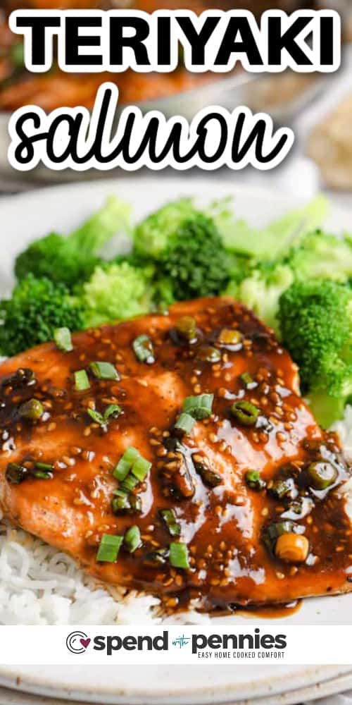 Teriyaki salmon with broccoli and title