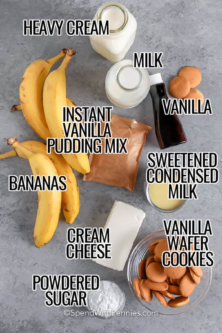 Banana pudding is that sweet and creamy dessert that brings comfort and smiles to every bite. With layers of fresh bananas, vanilla wafers, and a rich, homemade pudding, it’s perfect for potlucks, holidays, or just because. Topped with fluffy whipped cream and chilled until everything blends together just right, this classic treat is always a family favorite. Simple ingredients, nostalgic flavor, and so easy to love. It’s always the first dessert to disappear. #spendwithpennies ingredients to make banana pudding, with labels
