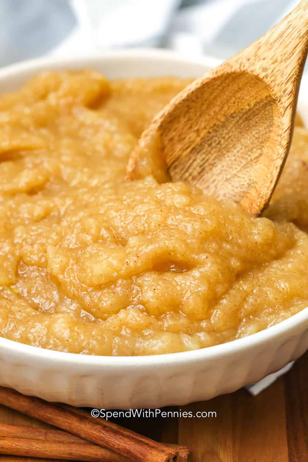 bowl of Applesauce Recipe with cinnamon sticks beside it