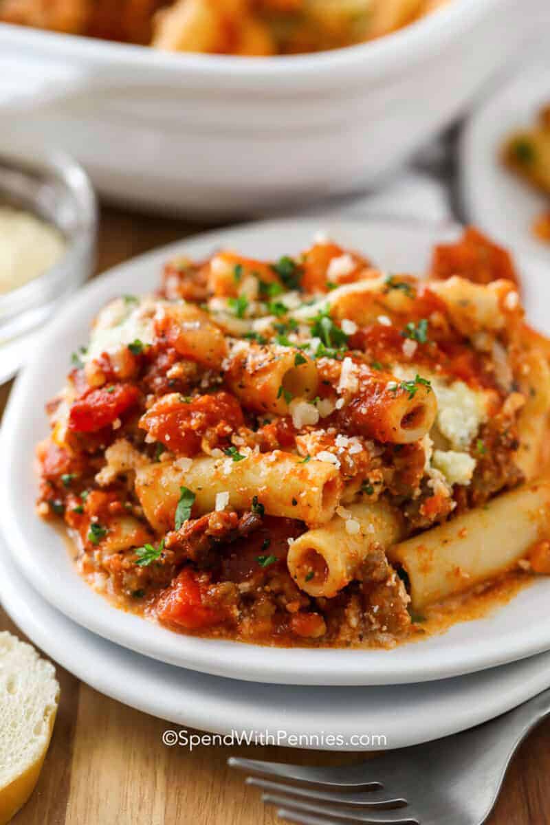plated Baked Ziti with cheese