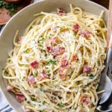 plated Spaghetti Carbonara with parmesan