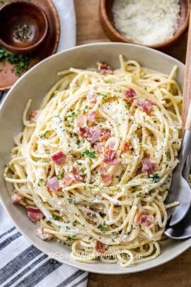 plated Spaghetti Carbonara with parmesan